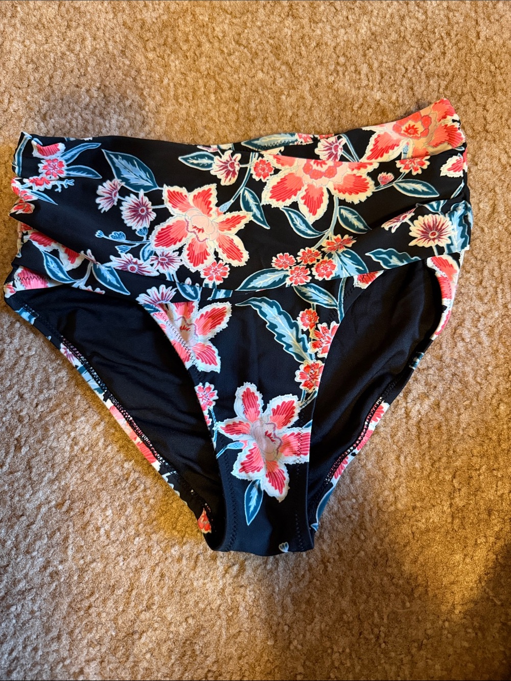 Floral High-Waist Bikini Bottoms - Black with Pink Floral